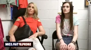 Busty stepmom Lily James and her stepdaughter Meloni Moon fucked in backroom by the security officer for shoplifting and the store